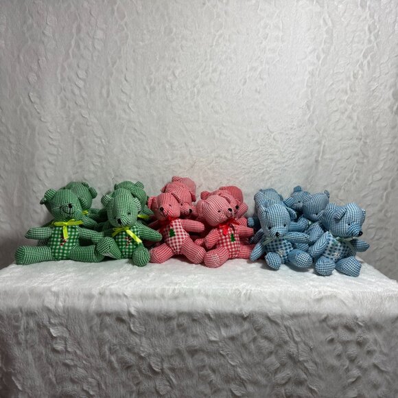 Set Of 24 Vintage Gingham Christmas Teddy Bear Ornaments Ribbon Bow & Embroidery - Picture 2 of 9